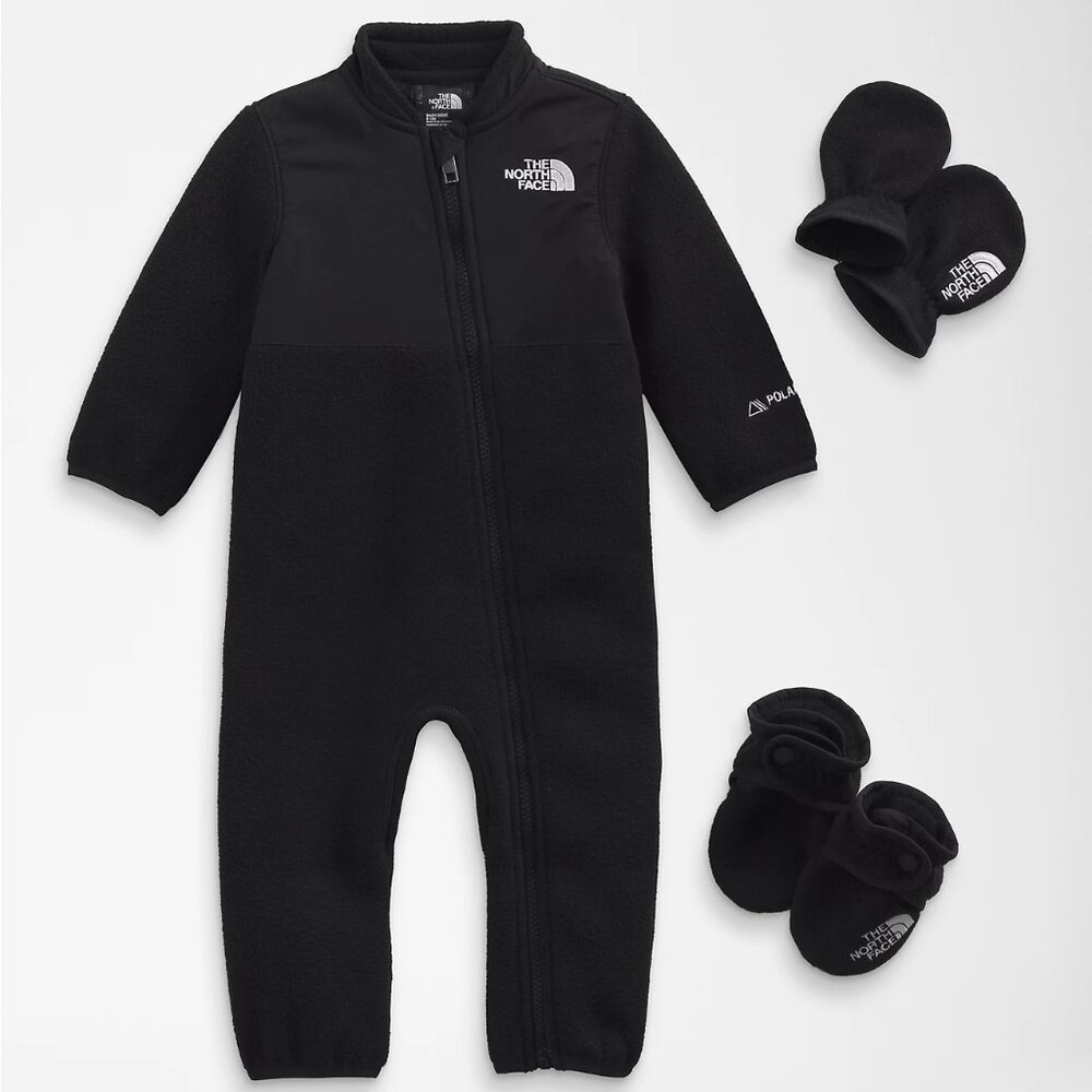 The North Face Infant Denali One piece Set Black & cozy knit graphic beanie NWT